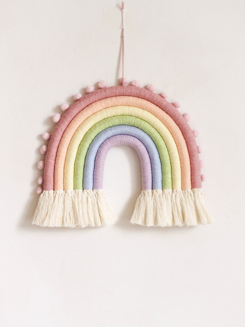 Pastel Macrame Rainbow Wall Hanging With Pompoms Fiber Etsy