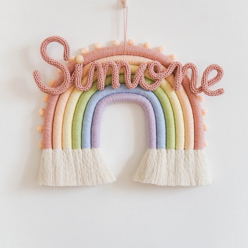 Personalized Macrame Rainbow Name Sign, Knitted Baby Name Nursery Decor, Custom Baby Room Door Sign