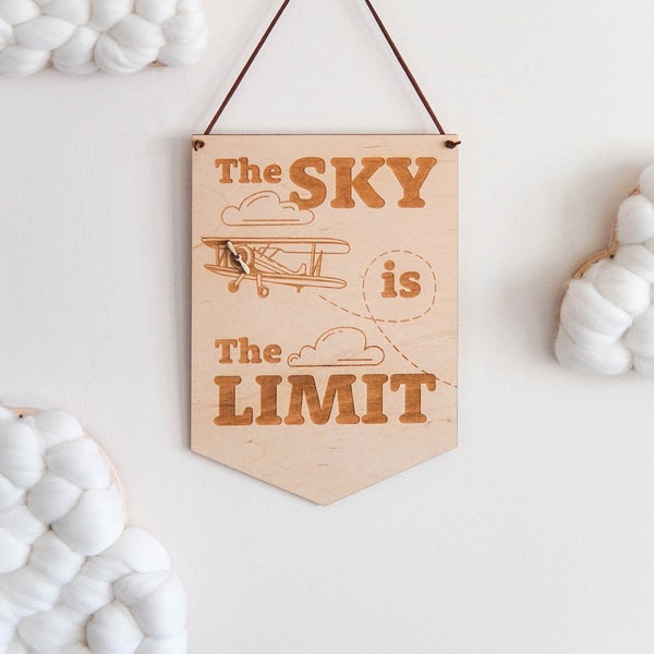 Biplane Wooden Flag, Plywood Wall Decor, The Sky Is The Limit, Airplane Nursery Decor, Boys Room Decor, Transportation Hanging Decoration