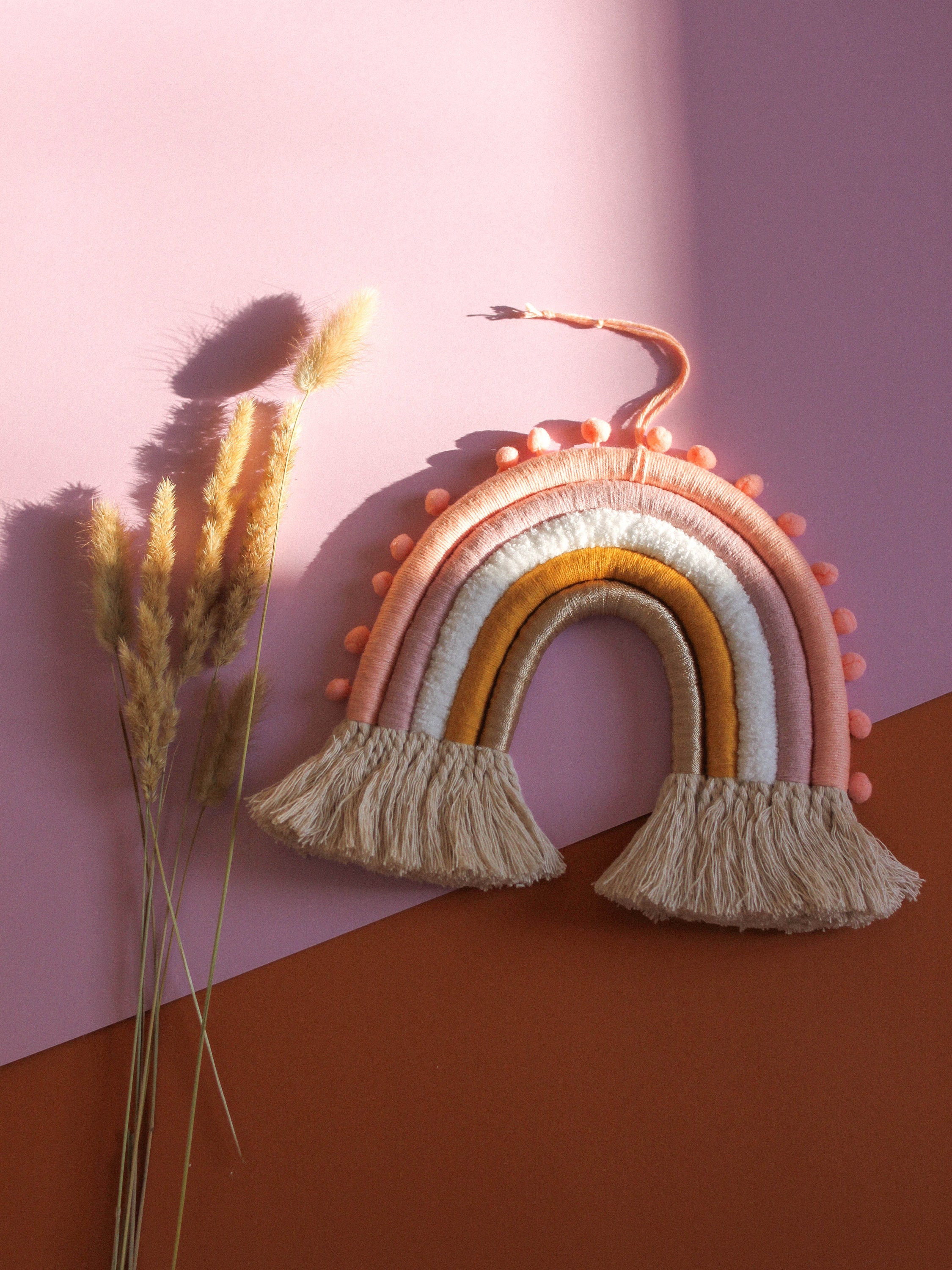 Rose Gold Rainbow Wall Hanging Fiber Rainbow Macrame Rainbow Etsy