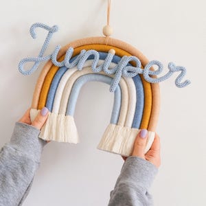 Personalized Knitted Baby Name Wall Sign, Custom Macrame Rainbow for Nursery Decor, Nursery Door Sign Name, Personalized Rainbow Baby Gift