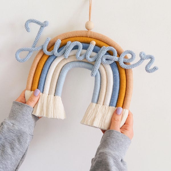 Personalized Macrame Rainbow Name Sign, Knitted Wire Nursery Door Sign