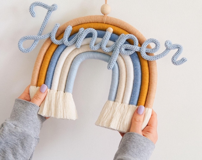 Personalized Macrame Rainbow Name Sign, Knitted Wire Nursery Door Sign