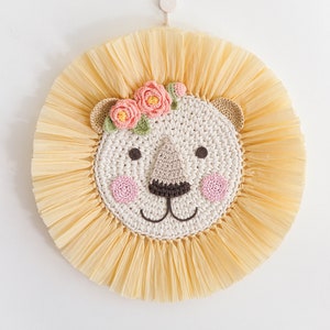 Blond Lion Face Raffia Wall Hanging, Safari Jungle Theme Nursery, Crochet Lion Head Boho Nursery Decor