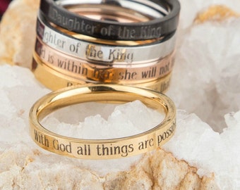 Christian Bible Ring, With God All Things Are Possible - Matthew 19:26, Thin Ring, Religious Christian Woman Mom Gift, Wife Anniversary Gift