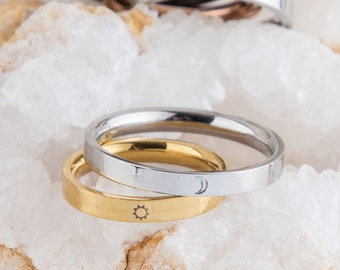 Moon Sun Couple Rings, Personalized Ring Set, Dainty Moon And Sun Couple Rings, Delicate Moon Ring, Sun Ring, Ring Set for Best Friends