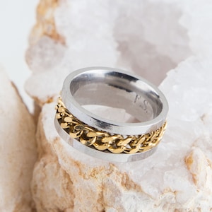 Anillo giratorio de cadena de oro para hombre, anillo de cadena de acero inoxidable, anillo antiestrés, regalo para papá, novio, mensaje oculto personalizado, anillo grande, regalo