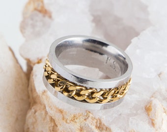 Gold Chain Spinner Ring, Stainless Steel Fidget Ring, Personalized Dad Gift