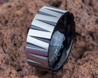 Personalized Large Wide Ring Gift, Black Silver Men Ring, Custom Engraved Ring Gift, Boyfriend Stainless Steel Ring, Black Striped Ring