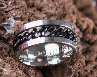 Anillo de hombre Spinner de cadena negra, anillo de cadena negra, anillo de fidget de acero inoxidable, regalo de papá, regalo de anillo grande con mensaje oculto personalizado para novio