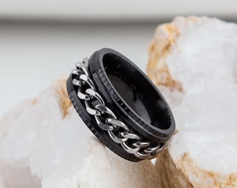 Men's Black Stainless Steel Spinner Ring, Silver Chain, Personalized Gift