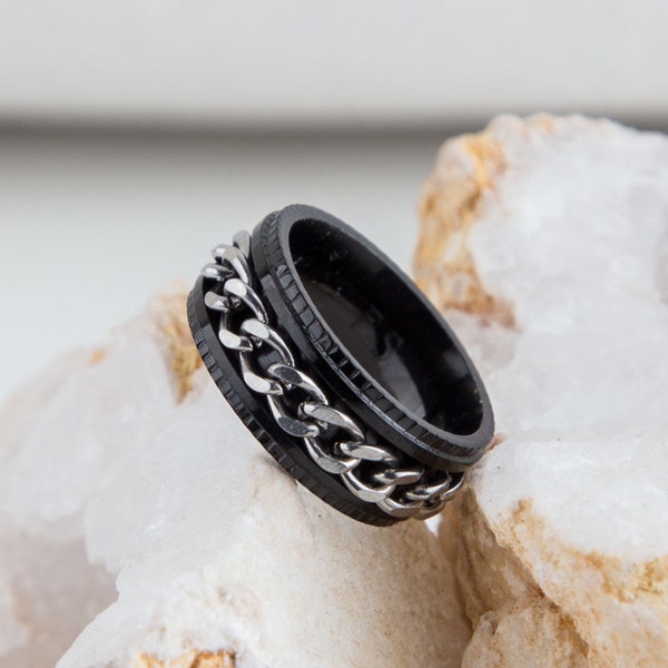 Zwarte spinner ring voor mannen, zwarte ring zilveren ketting ring, brede zwarte Fidget ring, papa cadeau vriendje gepersonaliseerde verborgen bericht ring cadeau