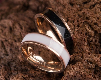 Anelli di coppia per matrimonio, set di anelli di coppia in smalto bianco e nero, anello in acciaio con incisione personalizzata, anelli di coppia per matrimonio in oro rosa