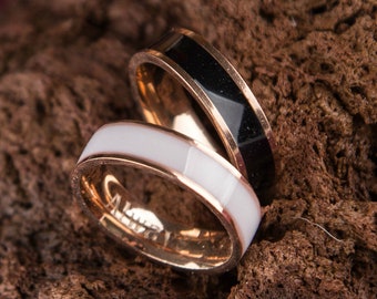 Couple Wedding Rings, Black And White Enamel Couple Rings Set, Personalized Gift Steel Custom Engraved Ring, Rose Gold Couple Wedding Rings