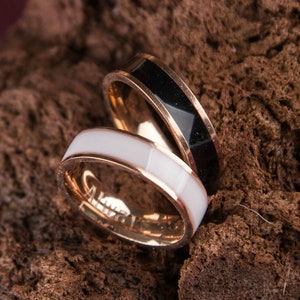 Couple Wedding Rings, Black And White Enamel Couple Rings Set, Personalized Gift Steel Custom Engraved Ring, Rose Gold Couple Wedding Rings