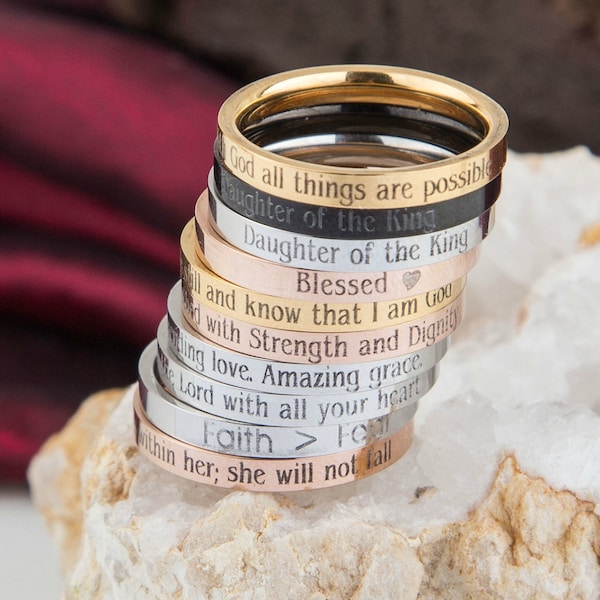 Personalized Bible Verse Ring, Religious Jewelry, Christian Faith Message Skinny Ring, Psalm Ring, Mom, Goddaughter, Daughter Religious ring