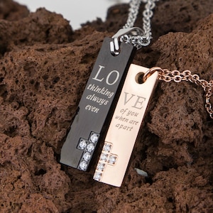 Couples Necklace Set, Cross Gift, Custom Stainless Steel Bar Pendant Personalized Date Anniversary Valentine Necklace, Custom Hidden Message