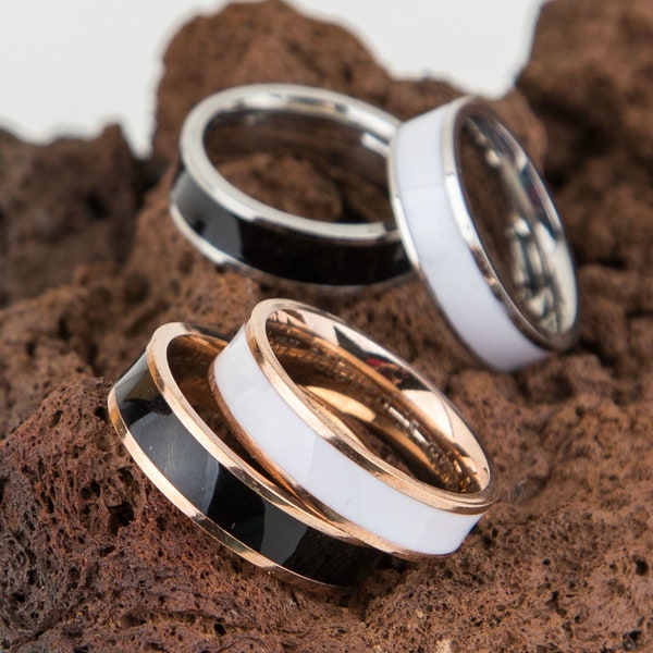 Custom Engraved Ring Personalized Gift, Rose Gold Black Enamel Steel Ring, White Enamel Ring, Enamel Band, Couple Ring, Paired MessageRing
