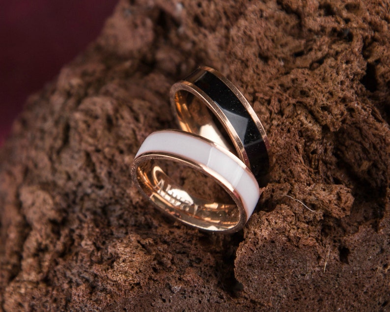 Couple Wedding Rings, Black And White Enamel Couple Rings Set, Personalized Gift Steel Custom Engraved Ring, Rose Gold Couple Wedding Rings 