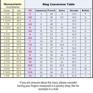 May include: A ring size conversion chart with measurements in inches and millimeters, US, Japanese, French, Swiss, German, and British ring sizes.