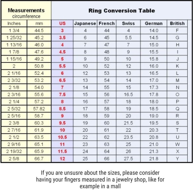 May include: A ring size conversion chart with measurements in inches and millimeters, US, Japanese, French, Swiss, German, and British ring sizes.