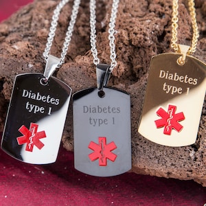 Collar de acero inoxidable con identificación médica, acabado en acero, negro y dorado, colgante de alerta médica, collar de identificación médica para hombres y mujeres, emergencia médica