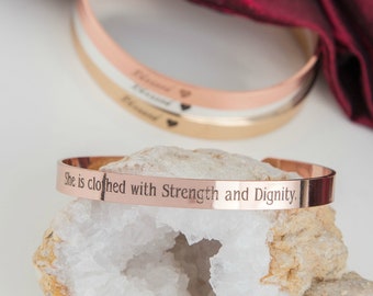 Strength Dignity Religious Bracelet Gift, Cuff Bracelet, She Is Clothed in Strength and Dignity, Proverbs 31 Grandmother Faith Love Mom Gift