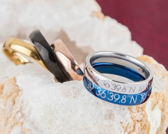 Coordenadas Anillo, Coordenadas Personalizadas Mujer Hombre Anillo Regalo, Anillo Azul Grabado, Aniversario Novio Personalizado Regalo Larga Distancia