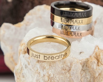 Just Breathe Skinny Ring, Strength Ring, Inspirational Jewelry Friend Gift, Yoga Ring, Breathe Ring, Calm Mental Health Anxiety Jewelry Gift