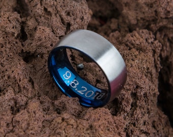 Anillo azul, anillo interior azul de acero inoxidable para hombres, anillo de regalo personalizado anillo interior grabado personalizado, anillo de novio, regalo de aniversario