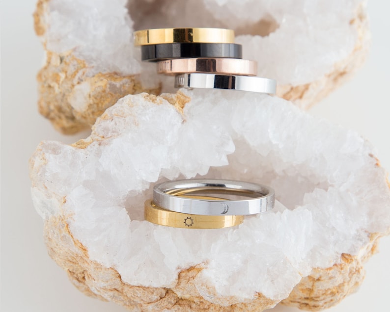 Maan zon paar ringen, gepersonaliseerde ring set, sierlijke maan en zon paar ringen, delicate maan ring, zon ring, ring set voor beste vrienden afbeelding 5