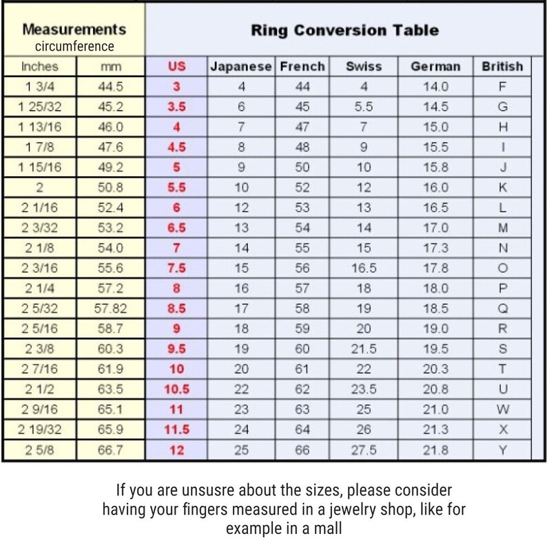 Op de afbeelding: Een ringmaat conversietabel met metingen in inches en millimeters, Amerikaanse, Japanse, Franse, Zwitserse, Duitse en Britse ringmaten.