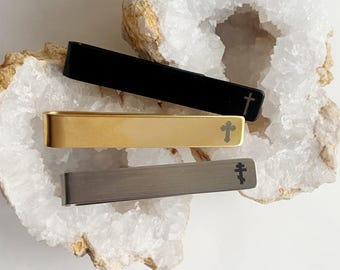 Cross Tie Clip, Baptism Gift, Christian Cross Tie Clip, Communion Gift, Engraved Orthodox Cross Tie Clip, Customized Tie Bar, Tie Slide Tack