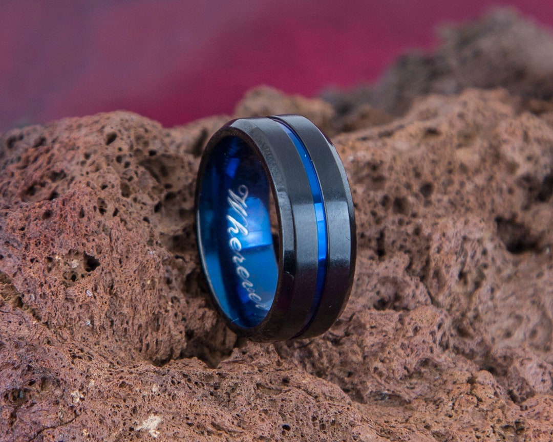 Black Blue Ring for Men, Personalized Gift Ring Custom Engraved Ring