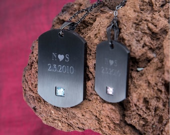 Couples Necklace Set, Matching Gift Custom Stainless Steel Black Pendant Personalized Date Anniversary Valentine Necklace, His Hers Necklace