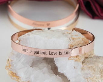 Love is Patient Bracelet Gift, Cuff Bracelet, Love is Patient, Love is Kind, 1 Corinthians 13:4, Bible Quote Gift, Religious Love Gift