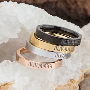 Roman Numerals Ring, Custom Skinny Rings, Engraved Ring, Personalized Anniversary Date, Roman Numeral Ring, Stackable Rings, Stacking Ring