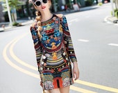 Women 39 s Elegant Design Colorful Vintage Pattern Printed Slim Retro Straight Dress Long Sleeve Mini Dress LFC21