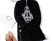 Autumn Winter Beading Diamond Velvet Straight Full Sleeve Button Turtleneck Dress Female Black Mini Dresses LFC20