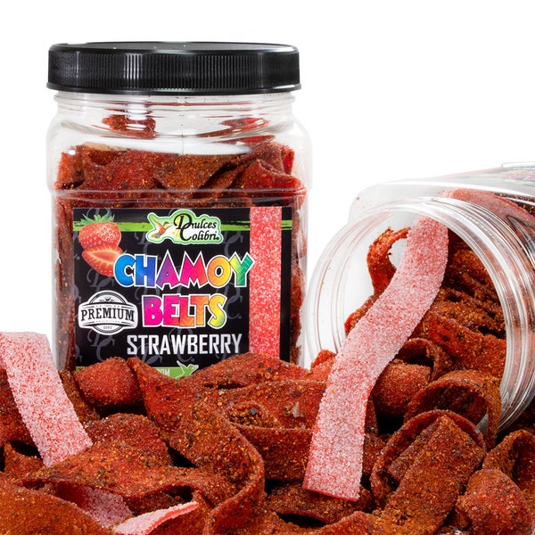Chamoy Sour Belts | Strawberry | Premium | Mess Free | Made to Order | Authentic Bold Mexican Flavors | 10 oz Jar