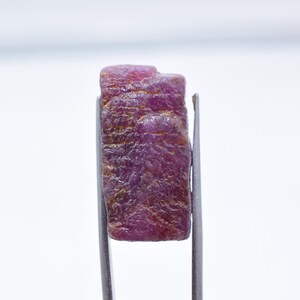 May include: A raw, uncut ruby gemstone held by tweezers. The ruby has a deep pinkish-red hue with a rough, textured surface. The gemstone is displayed against a plain white background, highlighting its natural form.