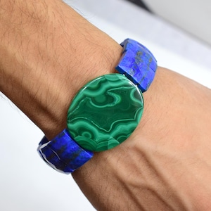 Lapis Lazuli With Centered Malachite Bead Bracelet | Stretch Gemstone Jewelry, Watch pattern Handwear ,Adjustable For Anyone.