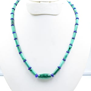 Malachite and Lapis Handmade Beaded Necklace: Gemstone Art