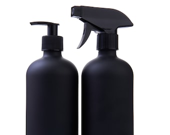 Black Coated Glass Boston Round Bottles with Flat Caps, Soap Pump and Spray Mister Nozzle - Set of 2 16 Ounce Jars