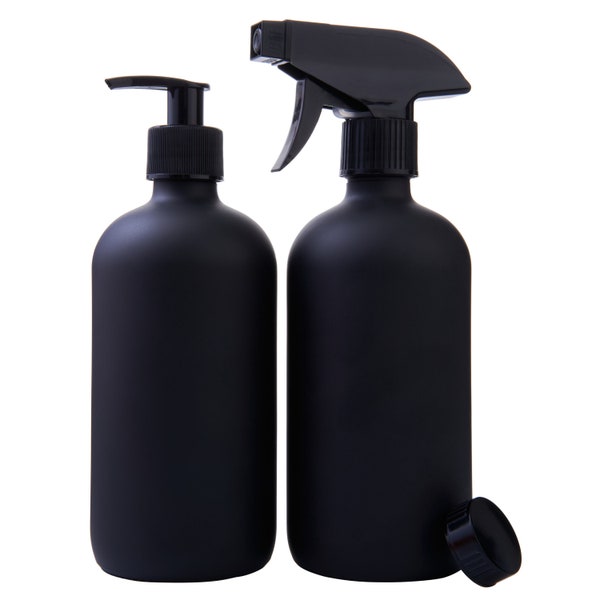 Black Coated Glass Boston Round Bottles with Flat Caps, Soap Pump and Spray Mister Nozzle - Set of 2 16 Ounce Jars