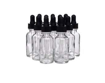 12 Pack Clear Boston Round Glass Bottles Jar With Black dropper cap, 1oz