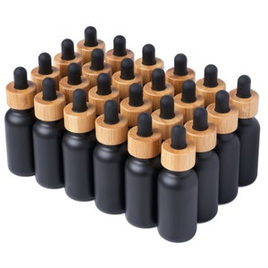 24 Pack Black Coated Boston Round Glass Bottles Jar With Black Bamboo dropper cap, 1oz