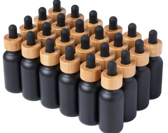 24 Pack Black Coated Boston Round Glass Bottles Jar With Black Bamboo dropper cap, 1oz