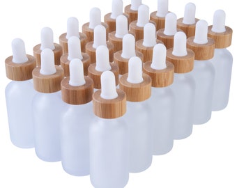24 Pack Clear Frosted Boston Round Essential Oils Aromatherapy Glass Bottles Jar with White Bamboo Dropper Cap, 1oz