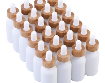24 Pack White Coated Boston Round Essential Oils Aromatherapy Glass Bottles Jar with Bamboo Dropper Cap, 1oz